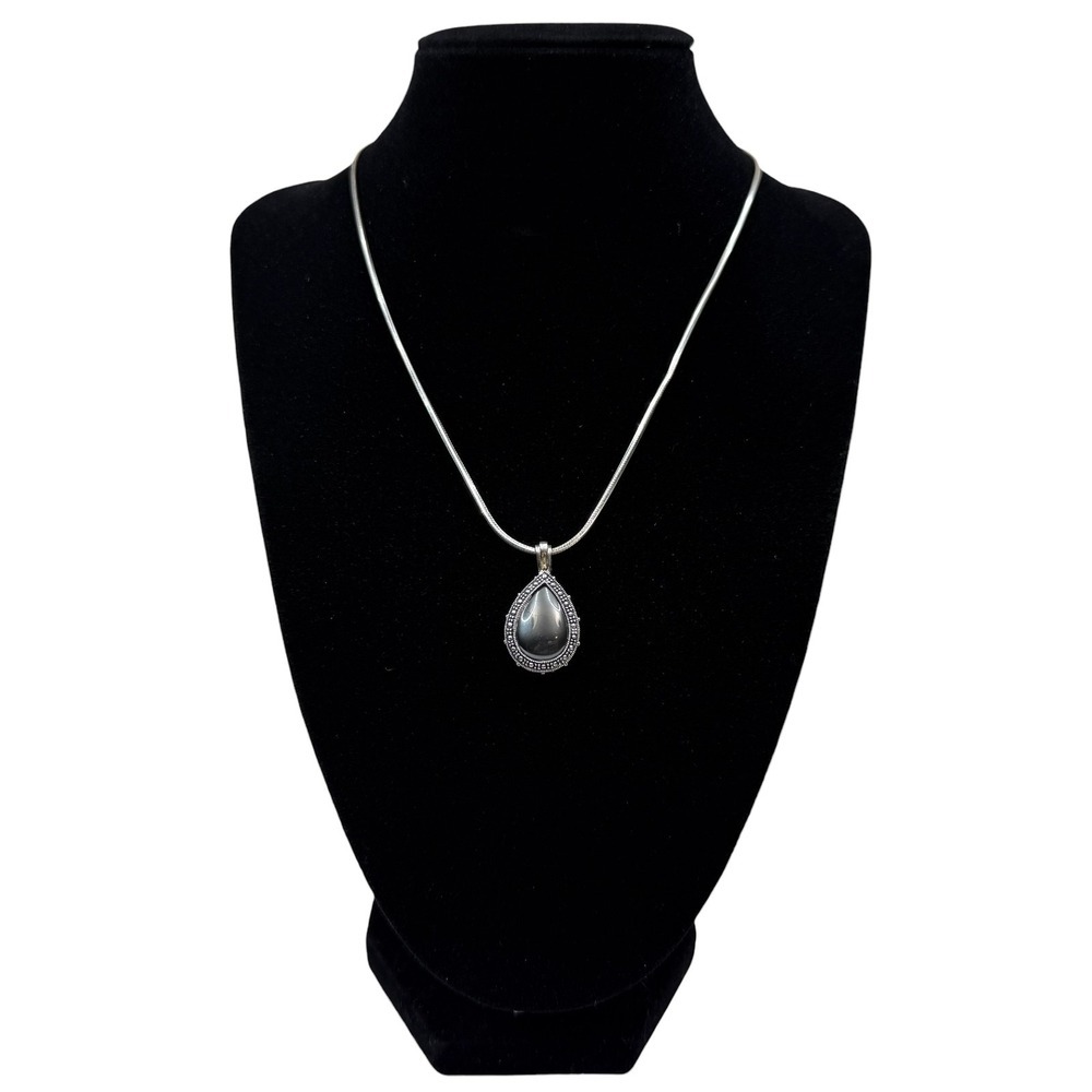 Sterling Silver 925 Italy Hematite Pear Teardrop Pendant Snake Chain Necklace